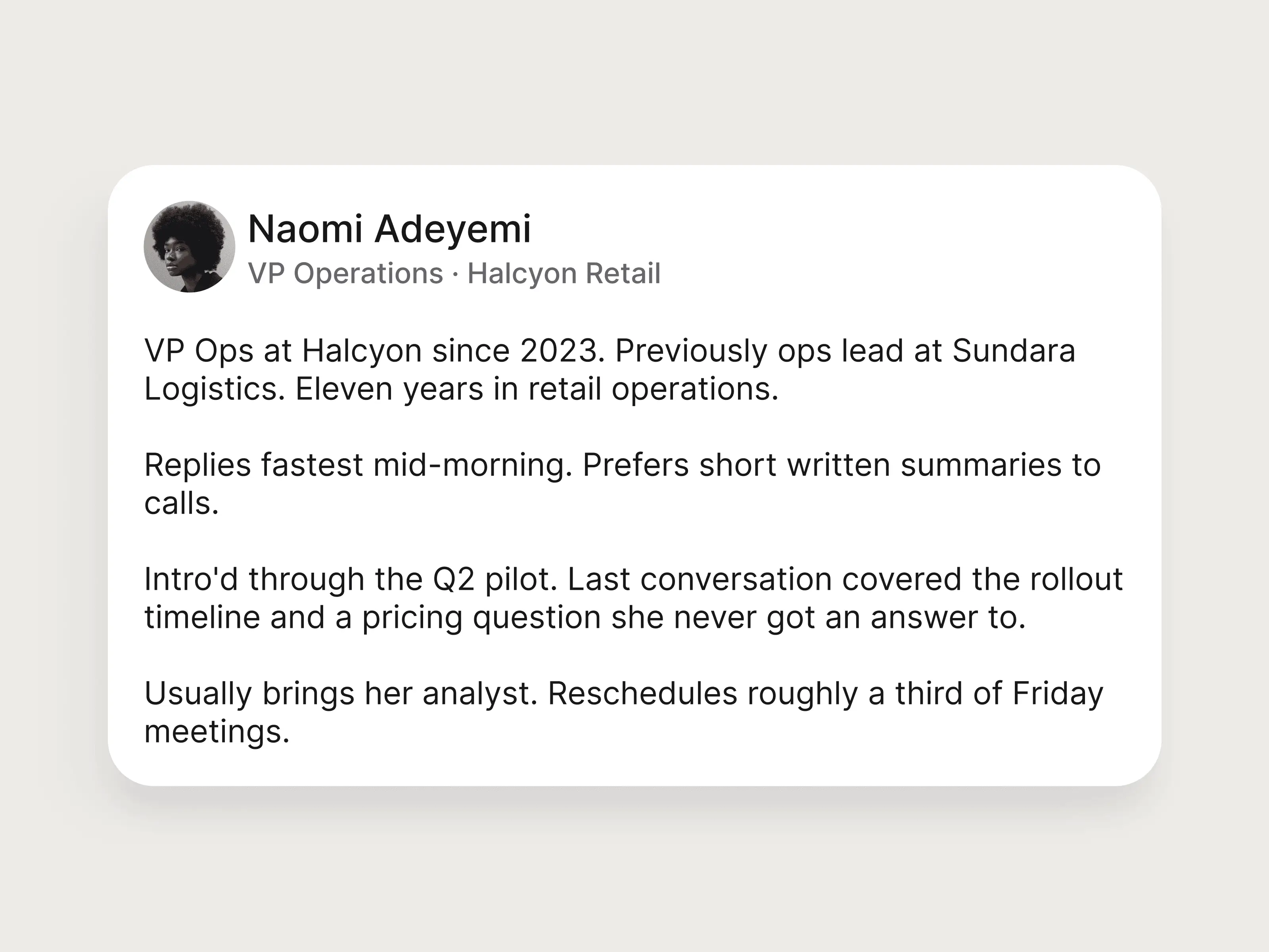 A profile card for a meeting attendee